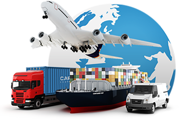 globe, airplain, cargo truck, ship boat and van